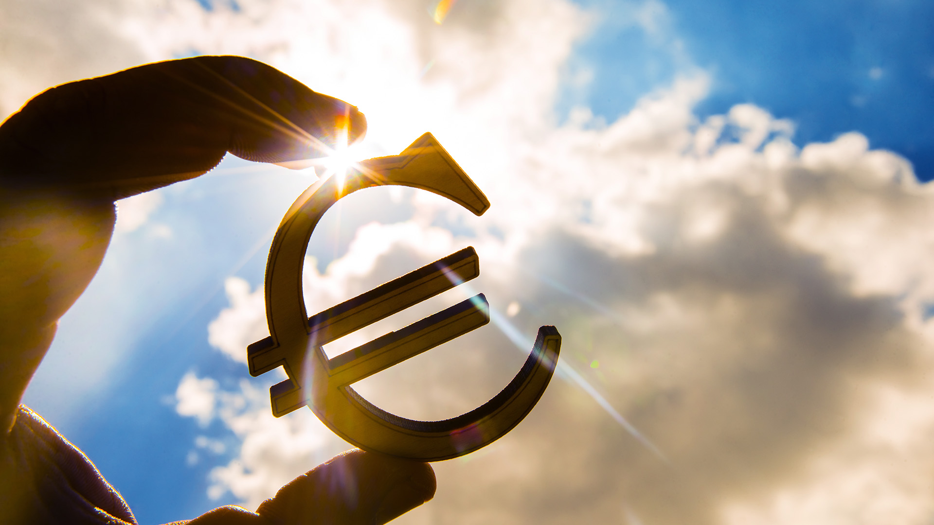 A man holding a Euro currency symbol with the blue sky background