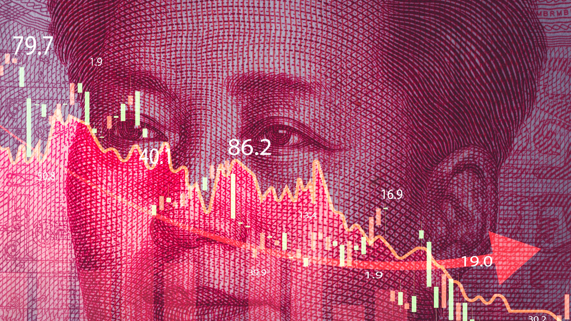 President of China overlayed with red financial market chart amid Inflation in China is at its Lowest Level in 18 Months