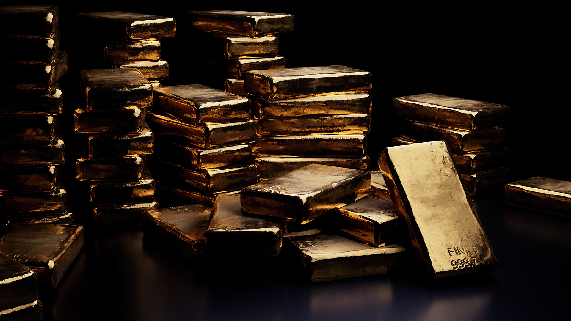 A pile of gold bars amid Gold Gains Strength Again and Stocks Continue to Rise