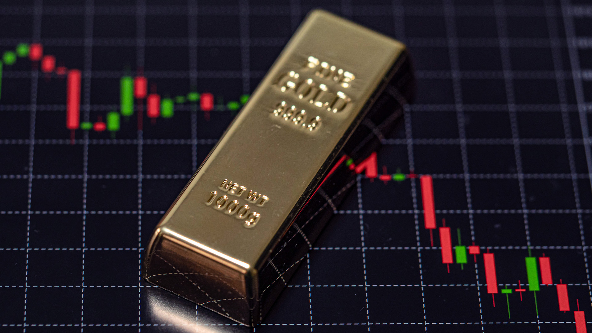 Gold bar and market chart amid Gold Begins Its Downward Trend