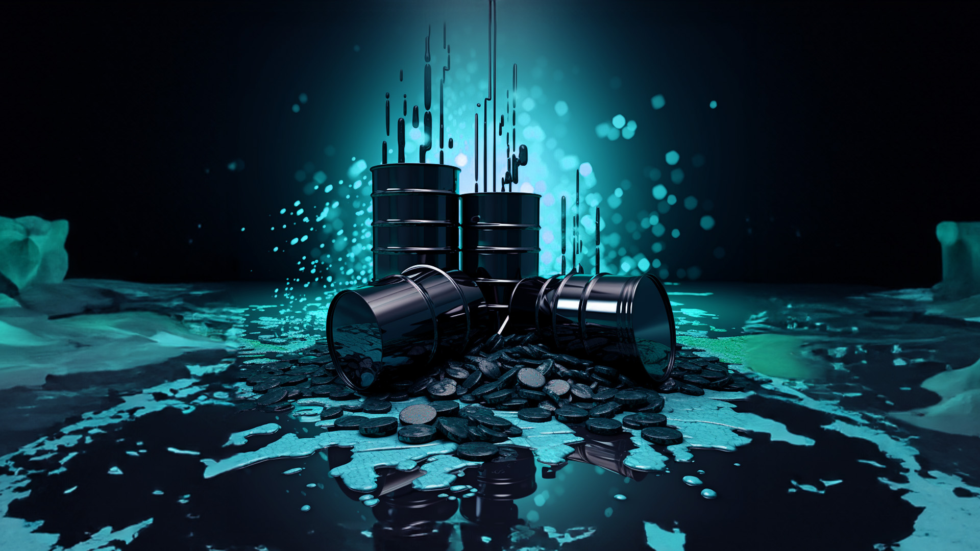 Crude oil barrels with a glowing turquoise background amid Oil Stabilizes at a High Level Amid Demand Recovery and Supply Cuts