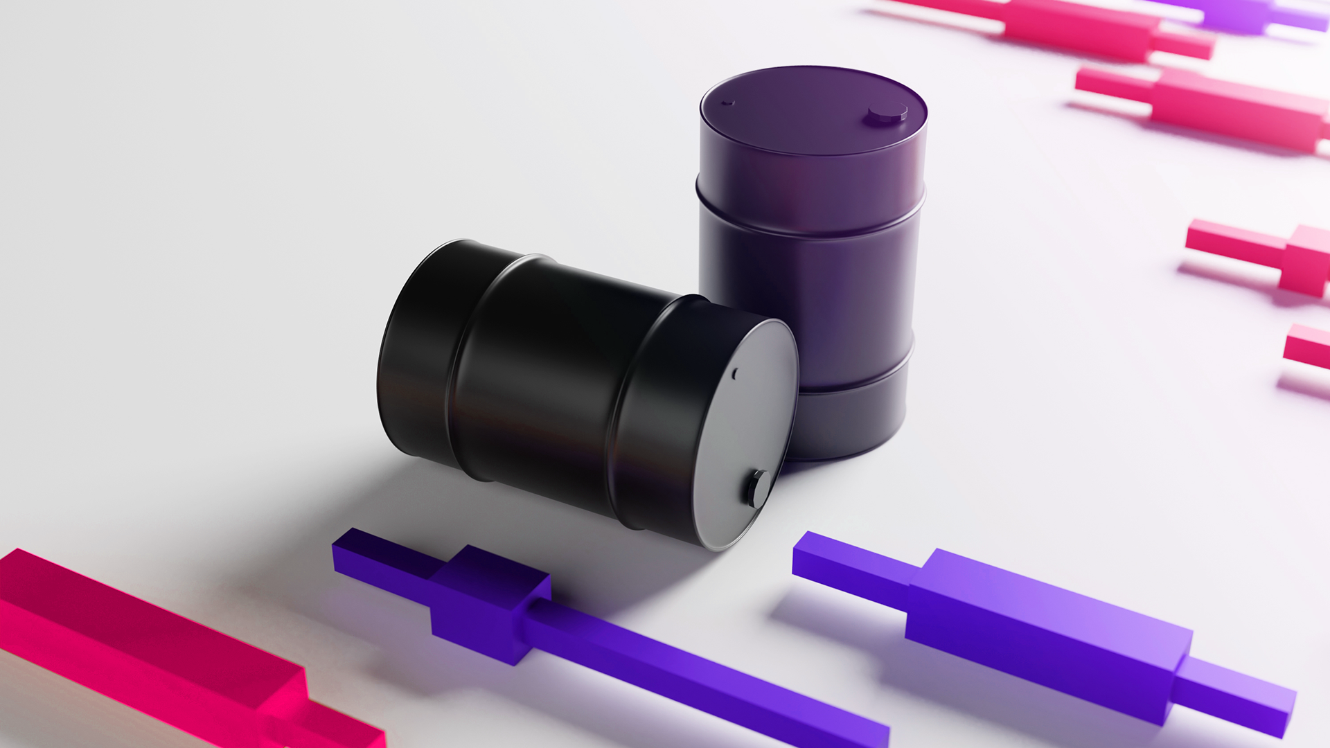 Barrel of crude oil and giant candle sticks amid Oil Prices Volatile Amidst Production Cut Decisions