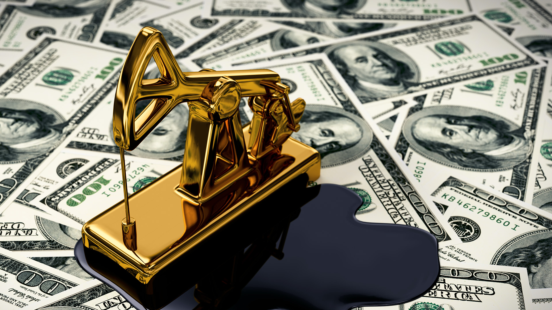 US dollar bills and a gold plated crude oil pump amid The Dollar Continues to Decline While Oil Stabilizes