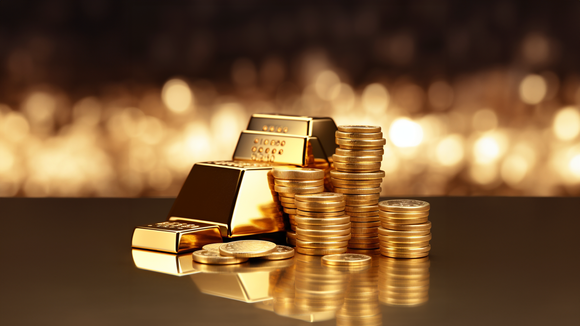 Pile of gold bars and coins amid Gold is Rising Supported by the Decline of the Dollar