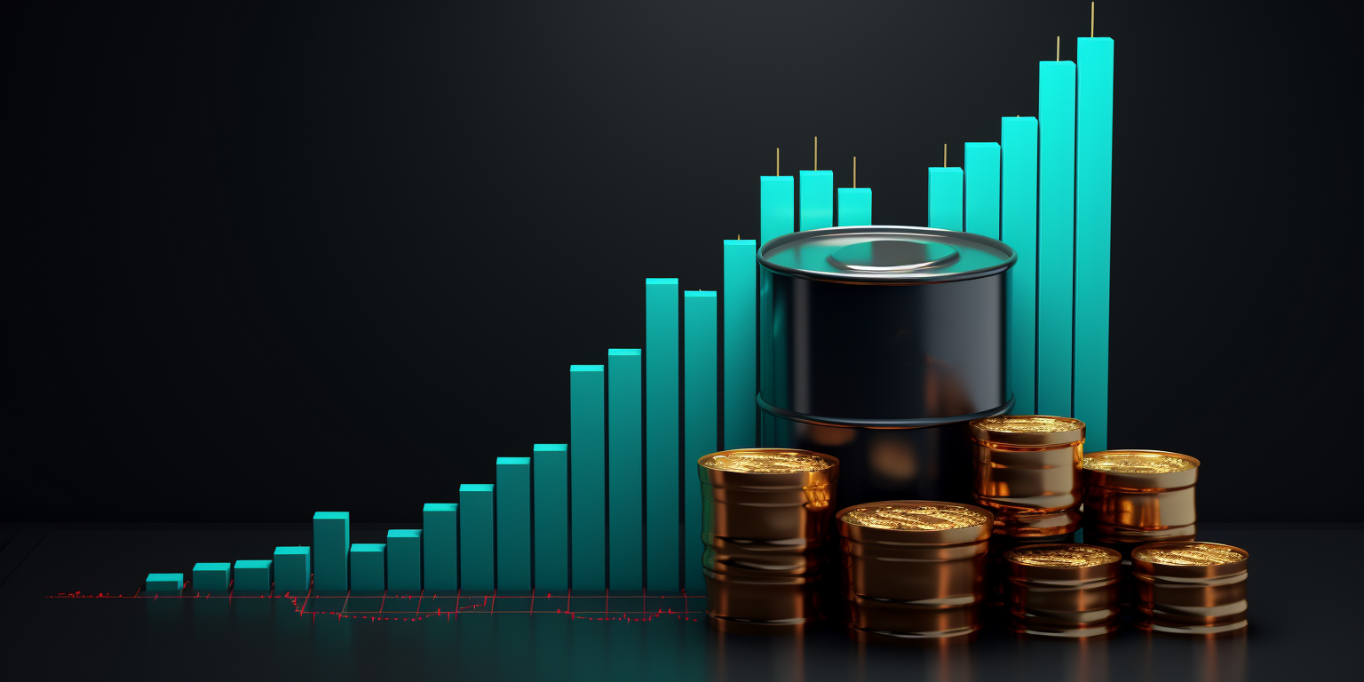 What is oil trading? A barrel of crude oil, and currency coins with a background of oil market chart in turquoise color.