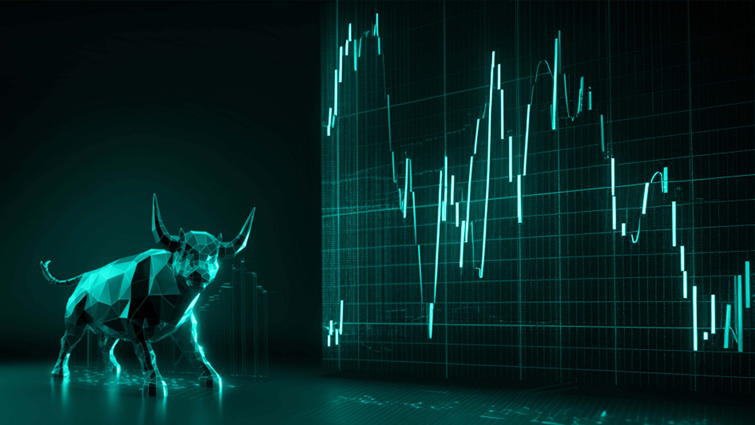 What is a CFD in Trading? A financial market chart in dark color with a bull in turquoise and candlesticks.