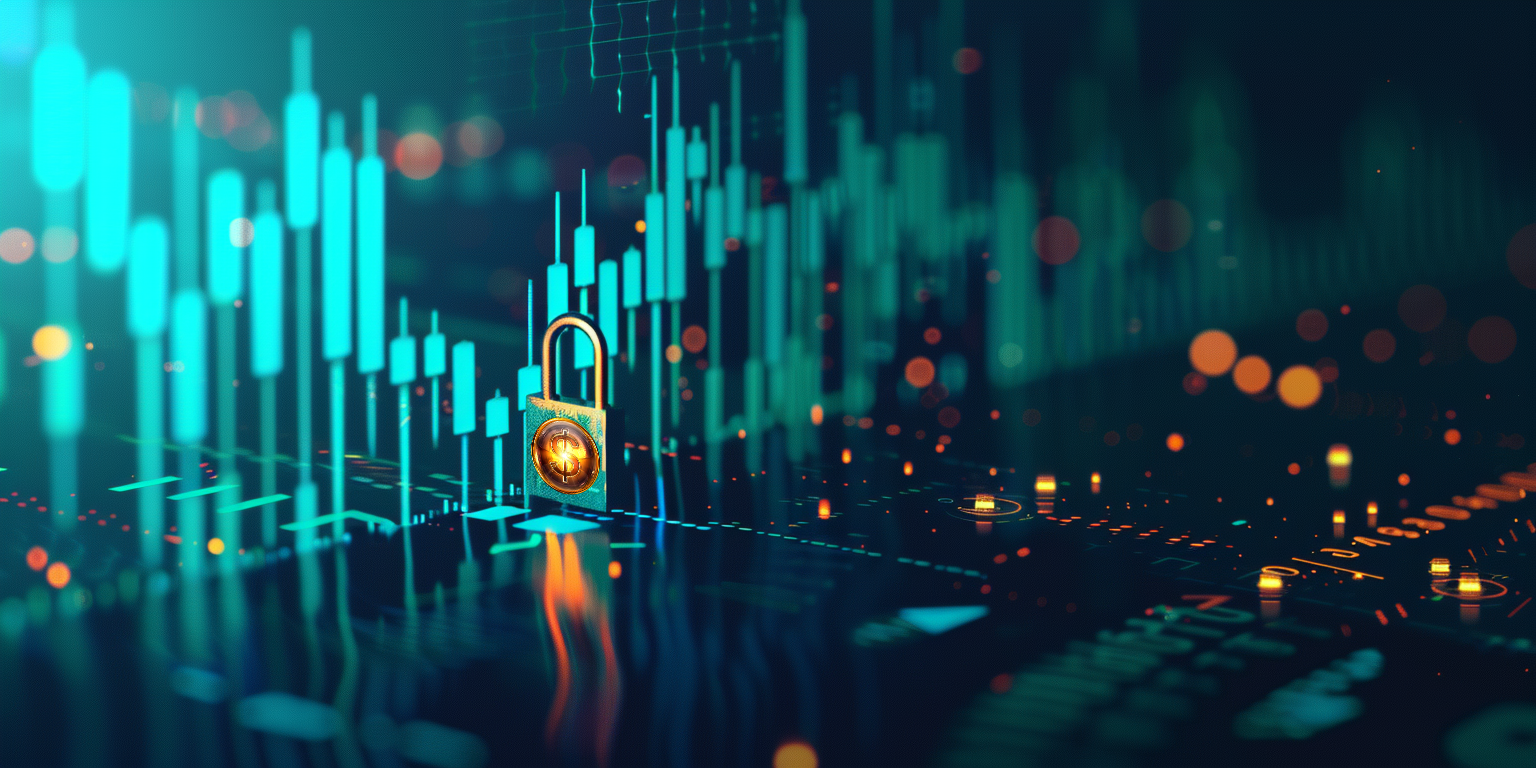 Turquoise financial market chart candle sticks with a lock and a US dollar symbol in abstract.